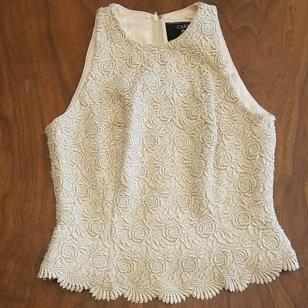 Carmen Marc Valvo Vintage Beaded Lace Roses Evening Tank Antique Ivory Gold 2